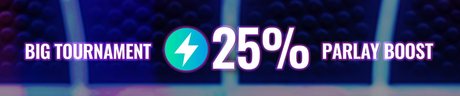 Blue and purple graphic of basketball surface texture with the text Big Tourney 25% Parley Boost.